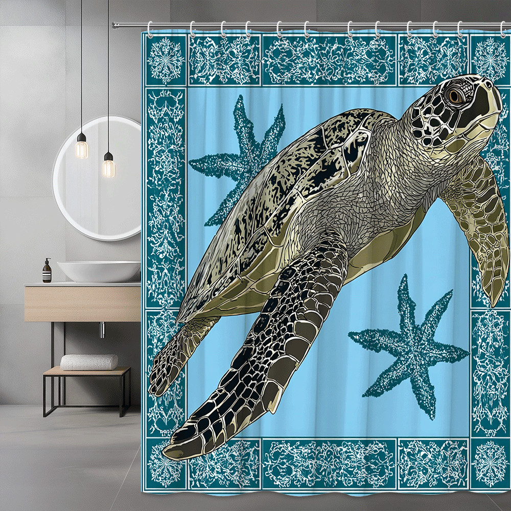 Sea Turtle Shower Curtain Blue Ocean Starfish Graphic Decor
