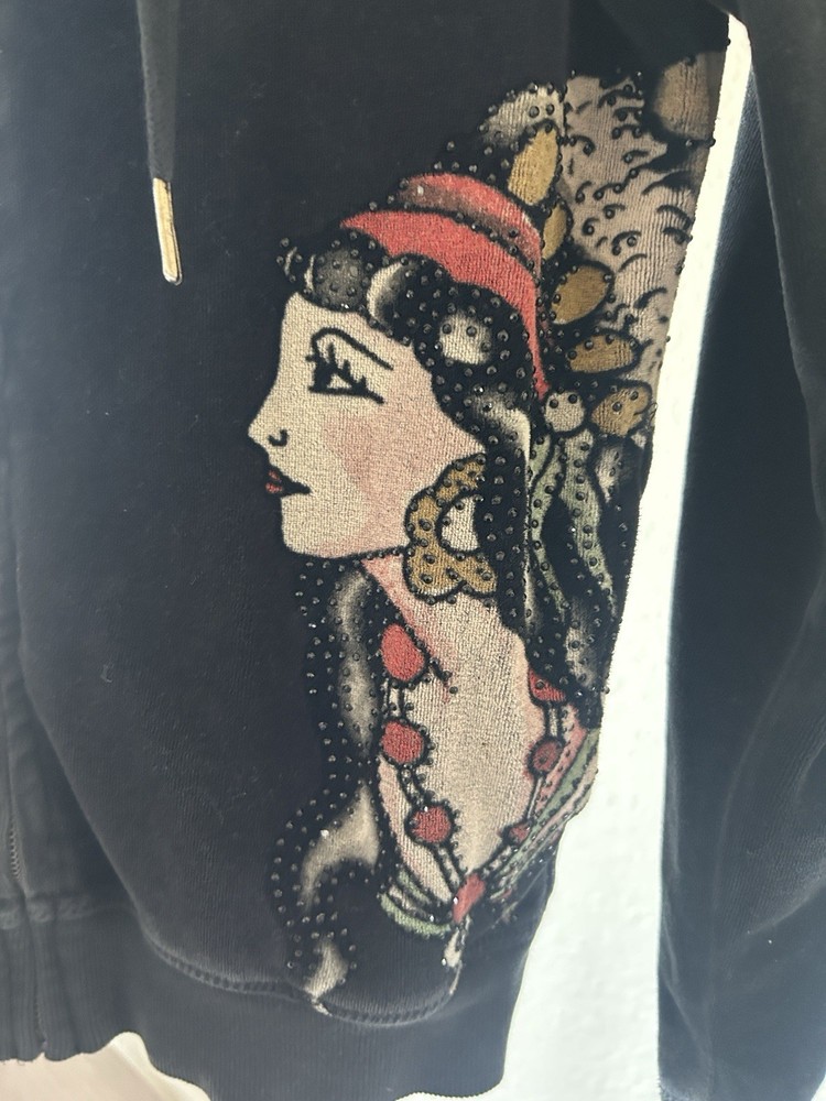 Ed Hardy Women's XS Velvet Full Zip Hoodie Black Graphic Print Embroidered Logo