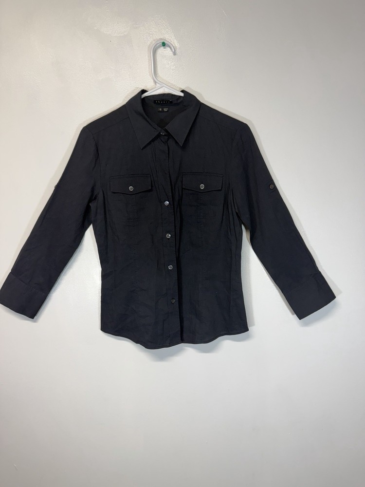 Theory LINEN Blend Button Up Shirt Dark Blue Roll Tab Sleeves Dervan Size S NwOT