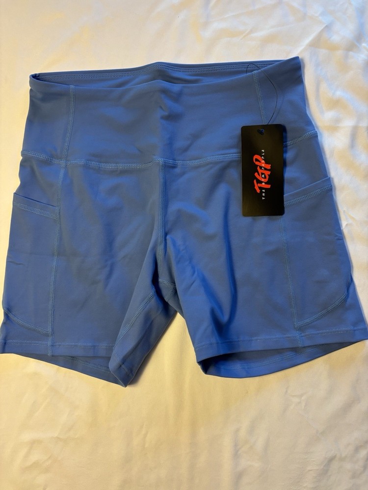 The Gym People Women's Athletic Yoga Shorts Blue Pockets Stretch Spandex M