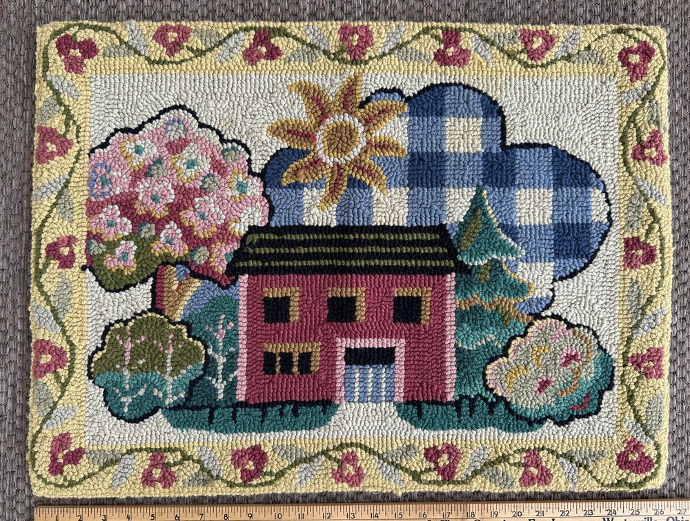 Folk Art Hand Hooked Rug Scenic Farm House Flower Tree Sun 20x26 Claire Murray ?