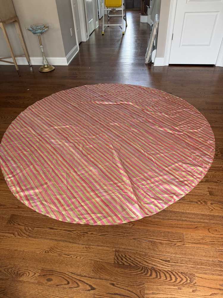Retired Mackenzie Childs 90”Tulip Check Stripe Round Tablecloth Fabric Rare