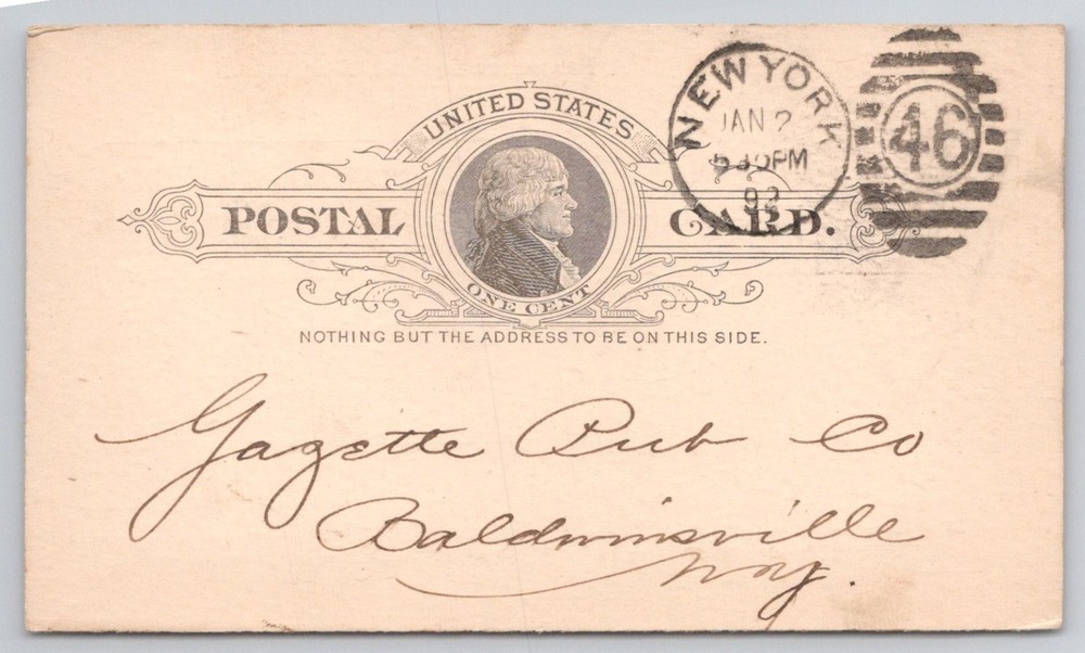 1892 Harper & Brothers New York One Cent Jefferson Postal Card Baldwinsville NY