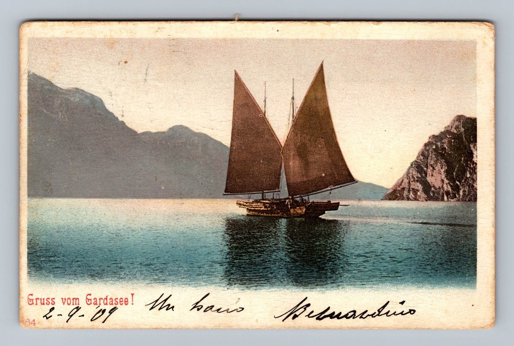 Italy- Lake Garda Sailing Vessel Postal Old Card View PC Vintage c1909 Postcard
