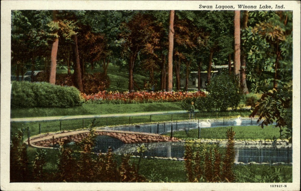 Swan Lagoon Winona Lake Indiana ~ stone bridge ~ 1948 vintage postcard