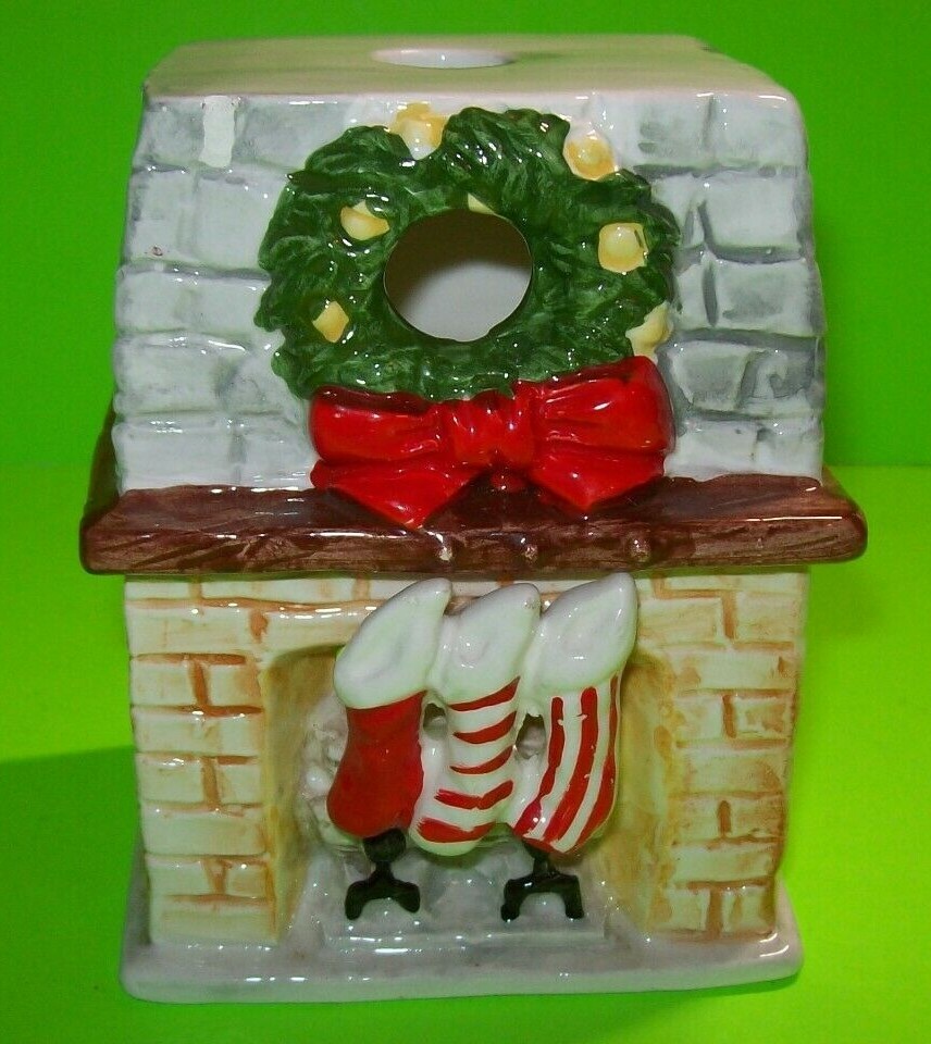 Vintage Christmas Ceramic Bisque Brick Fireplace Stocking Candle Holder Made in Japan