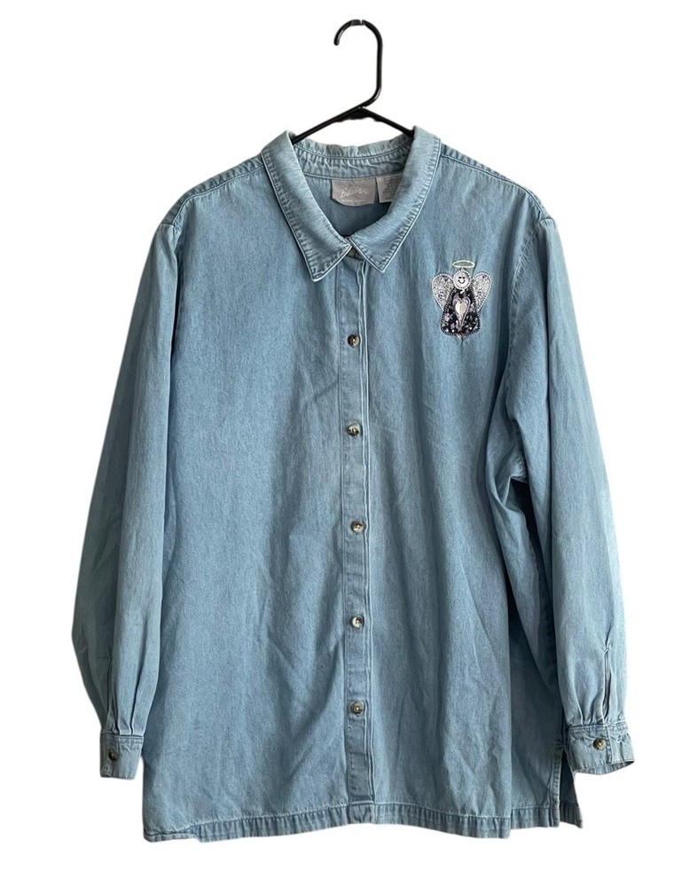 Vintage 90s Blair embroidered angel denim button-up tunic shirt size 3XL