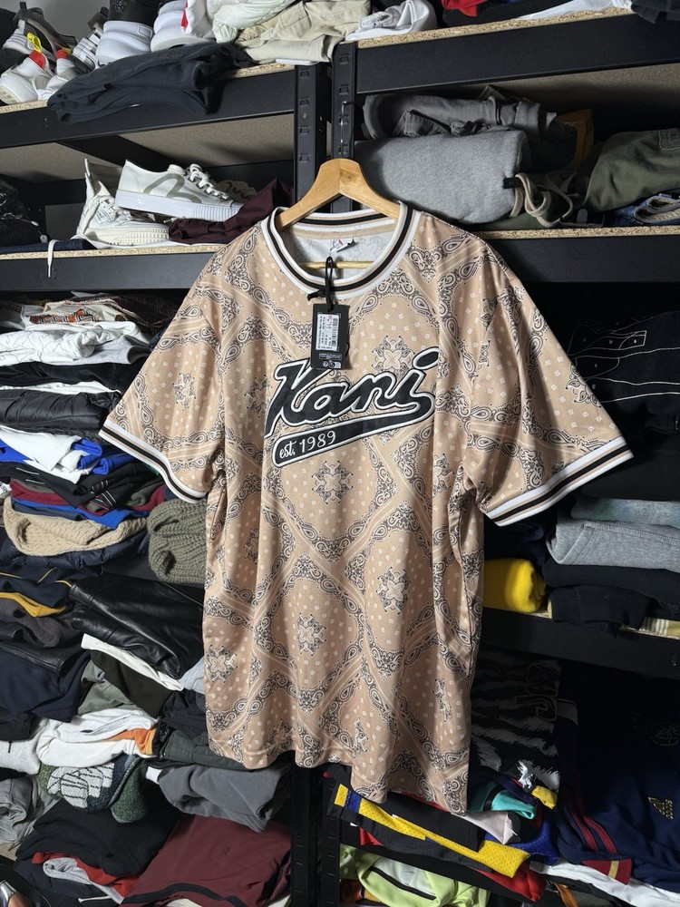 NWT Kani Bandana Print Baseball Jersey Shirt XL Beige Embroidered Logo Y2K