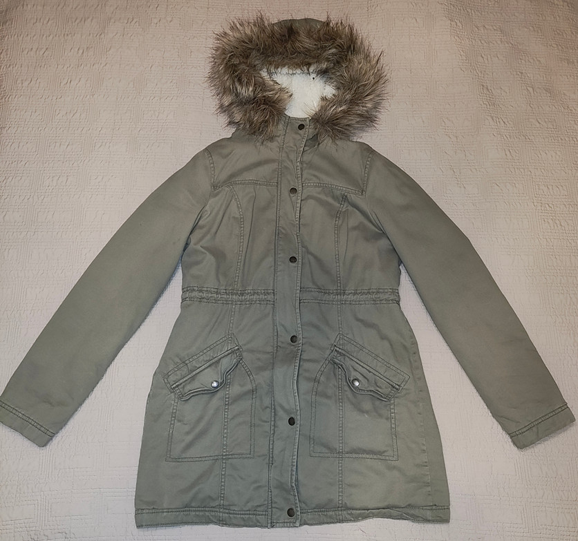 Hollister Women's hooded Coat L Army Green Sherpa Full Zip Parka drawstring