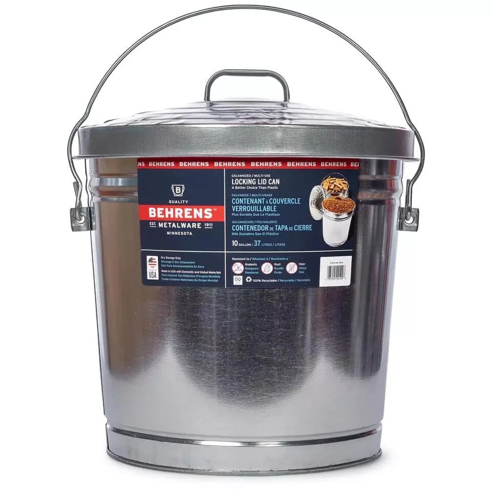 Galvanized Trash Can 10 Gal Steel Locking Lid Storage Weather Resistant Outdoor