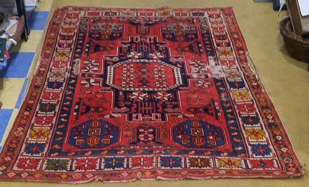 Antique Caucasian Geometric Hand-Knotted Wool Area Rug Red Blue Rectangle