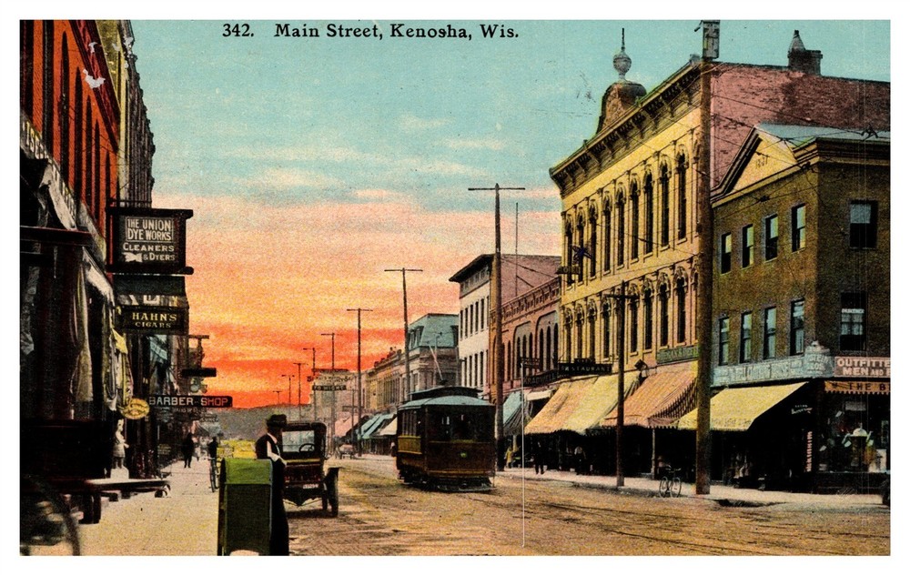 Main St Downtown Stores Trolley Old Car Mailbox Kenosha WI C1910s Postcard AF5
