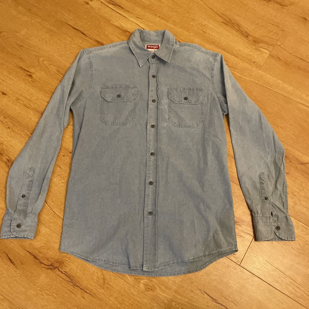 Wrangler Flex Work Shirt Mens Small Blue Chambray Western Button Up Vintage