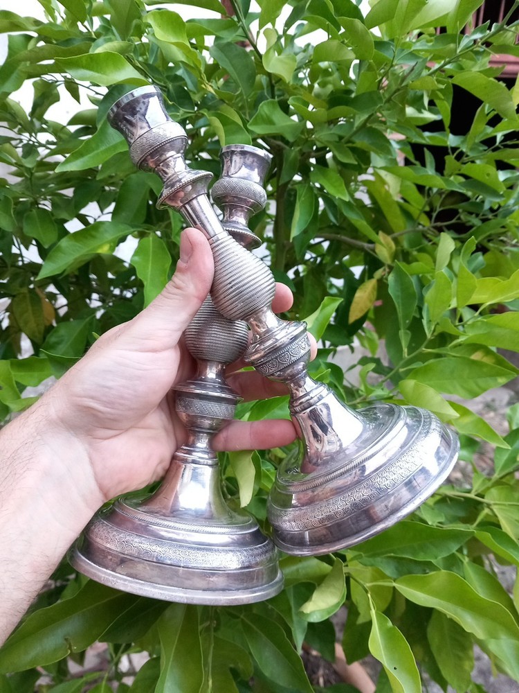 Pair Of Guilloché Silvered Bronze Candle Holders From The 19th Century