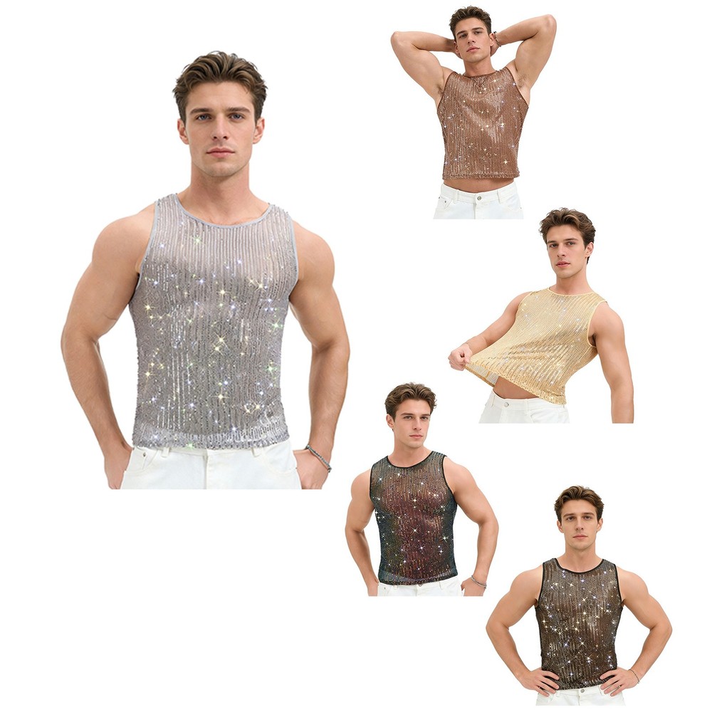 Mens T-Shirts Yoga Undershirt Sparkling Vest Sequin Tank Workout Tops Shapewear