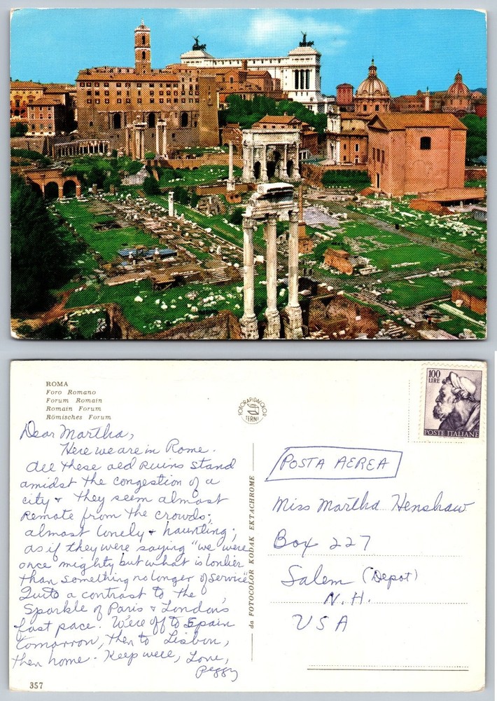Vintage Roman Forum Rome Italy Postcard, Kodak Ektachrome, Posted 1960s