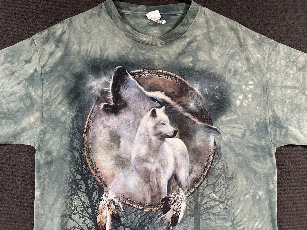 Wolf Dream Catcher Tie Dye Shirt Large Green Distressed Short Sleeve
