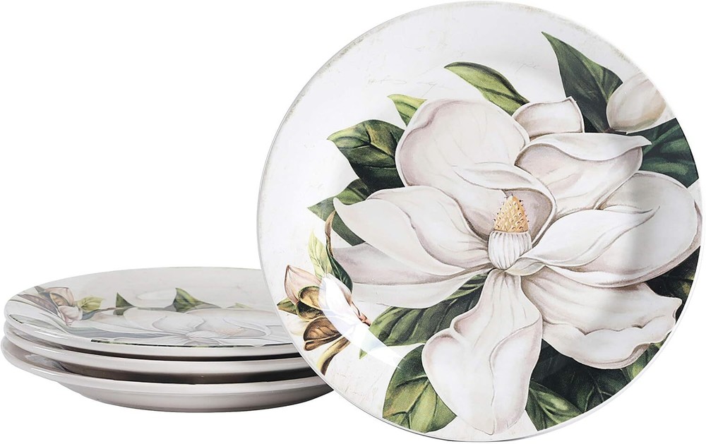 Magnolia Floral Ceramic Salad Plates, 8.75 Inch, Set of 4, for Salad, Appetizer,