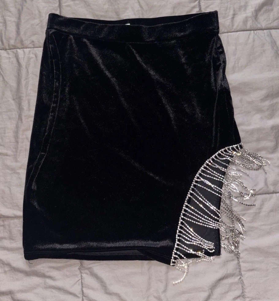 Bear Dance Black Velvet Mini Skirt with Rhinestone Fringe Women's M High Rise