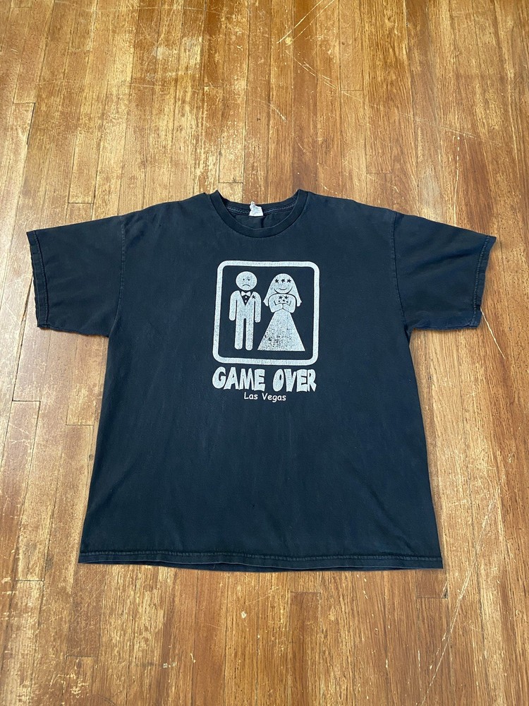 Vintage Y2K Marriage Game Over Center Logo Graphic Funny Black T-Shirt Adult XL