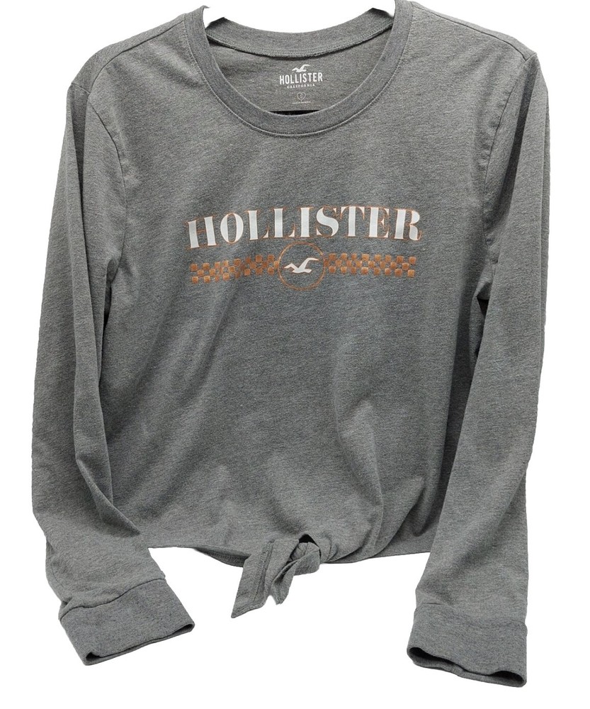 Hollister Women's Long Sleeve Gray Tee Tie In Front Pullover Size Small
