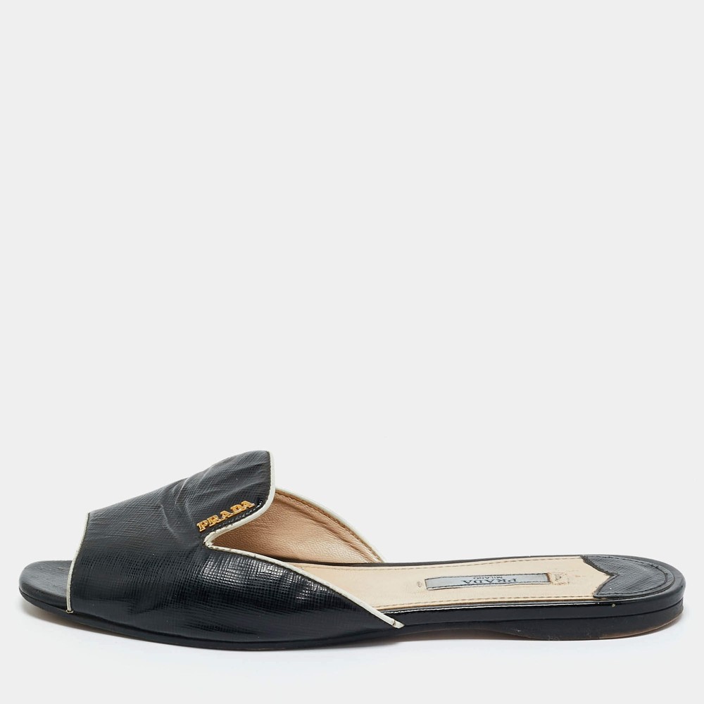 Prada Black Saffiano Patent Leather Flat Slide Size 37