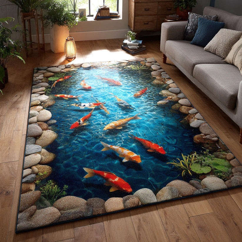 3D Koi Fish Pond Area Rug Illusion Floor Mat Zen Garden Living Room Decor Carpet