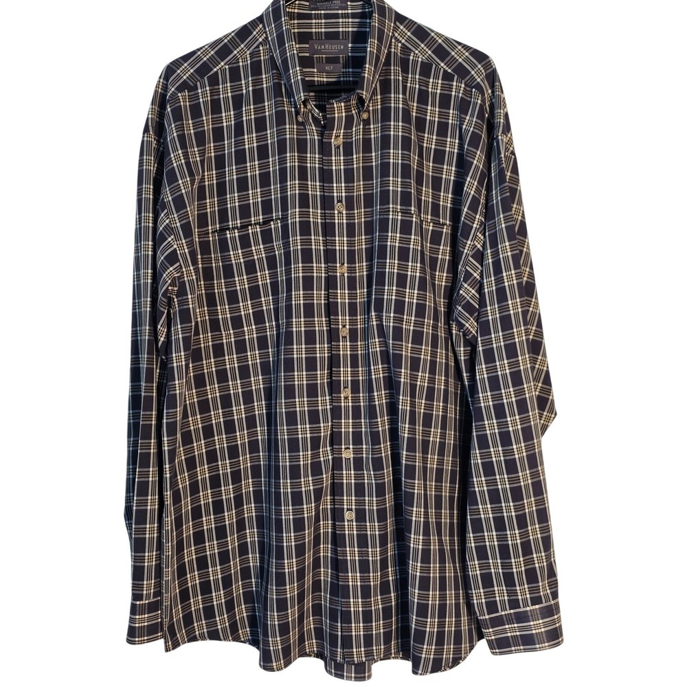 Van Heusen Button Down Mens XLT Blue Plaid Wrinkle Free Long Sleeve Shirt