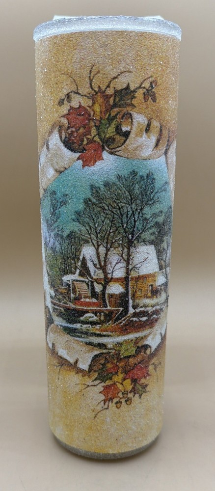 VTG 1970s Majestic Sugar Frosted Pillar Christmas Candle Landscape Scene IOB