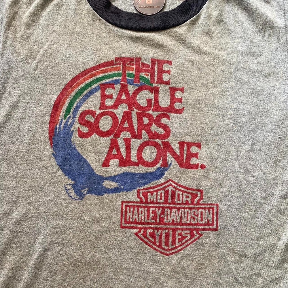1970s harley davidson eagle ringer tee “The Eagle Soars Alone” rare and flawless