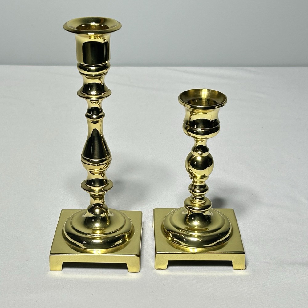 Vintage Polished Brass Candlestick Candle Holders Mixed Set of 2 - 7