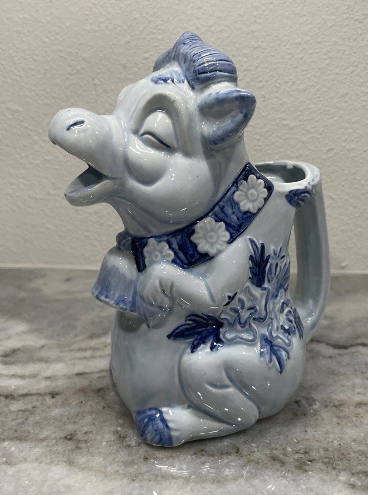 Vintage Delft Style Blue White Porcelain Cow Milk Creamer Pitcher Floral Figural