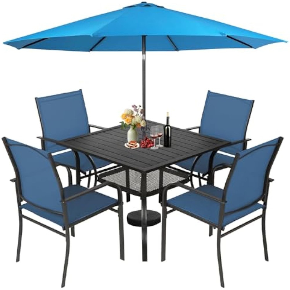 6-piece metal outdoor dining set with sky blue umbrella