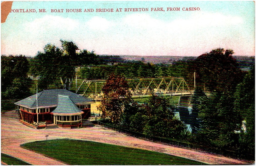 Boat House and Bridge at Riverton Park from Casino Portland Maine 1900s Postcard