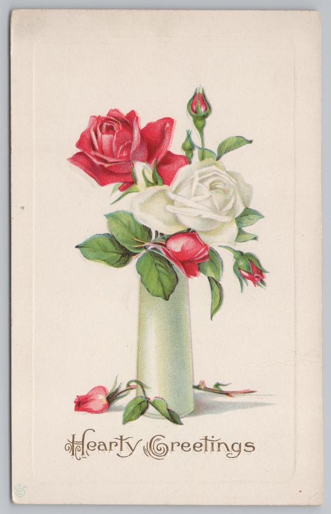 Hearty Greetings~Red White Roses In White Vase~Bud Below~Emb~Stecher 47C~Vtg PC