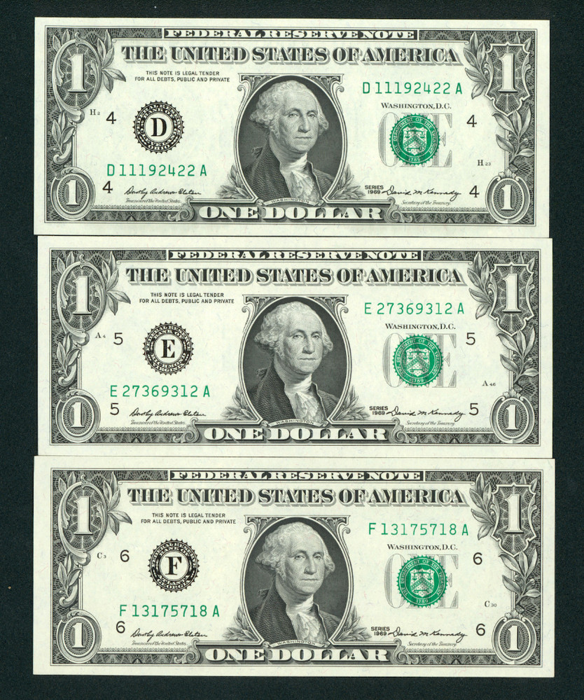((3 Notes)) $1 1969 ((Choice Cu)) Federal Reserve Note ** Paper Currency