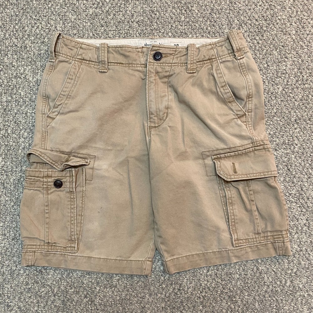 Vintage Y2K Abercrombie and Fitch Men's Cargo Shorts Size 30 Tan Distressed FLAW