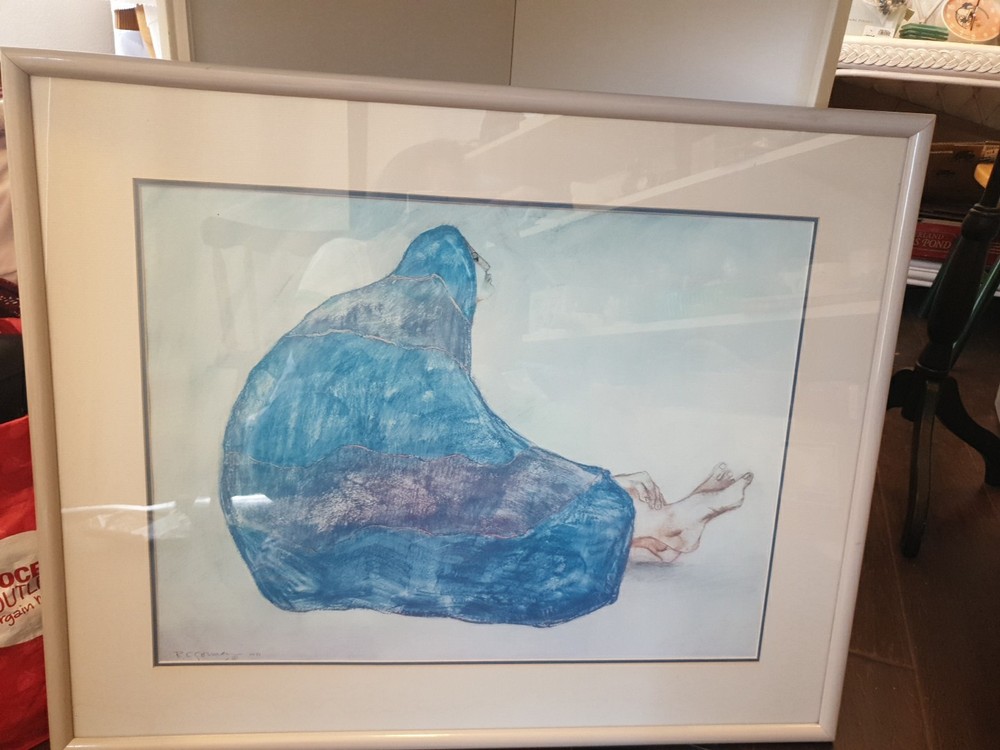 R. C. Gorman Framed Hand-Signed Offset Lithograph Of Woman In Blue Blanket