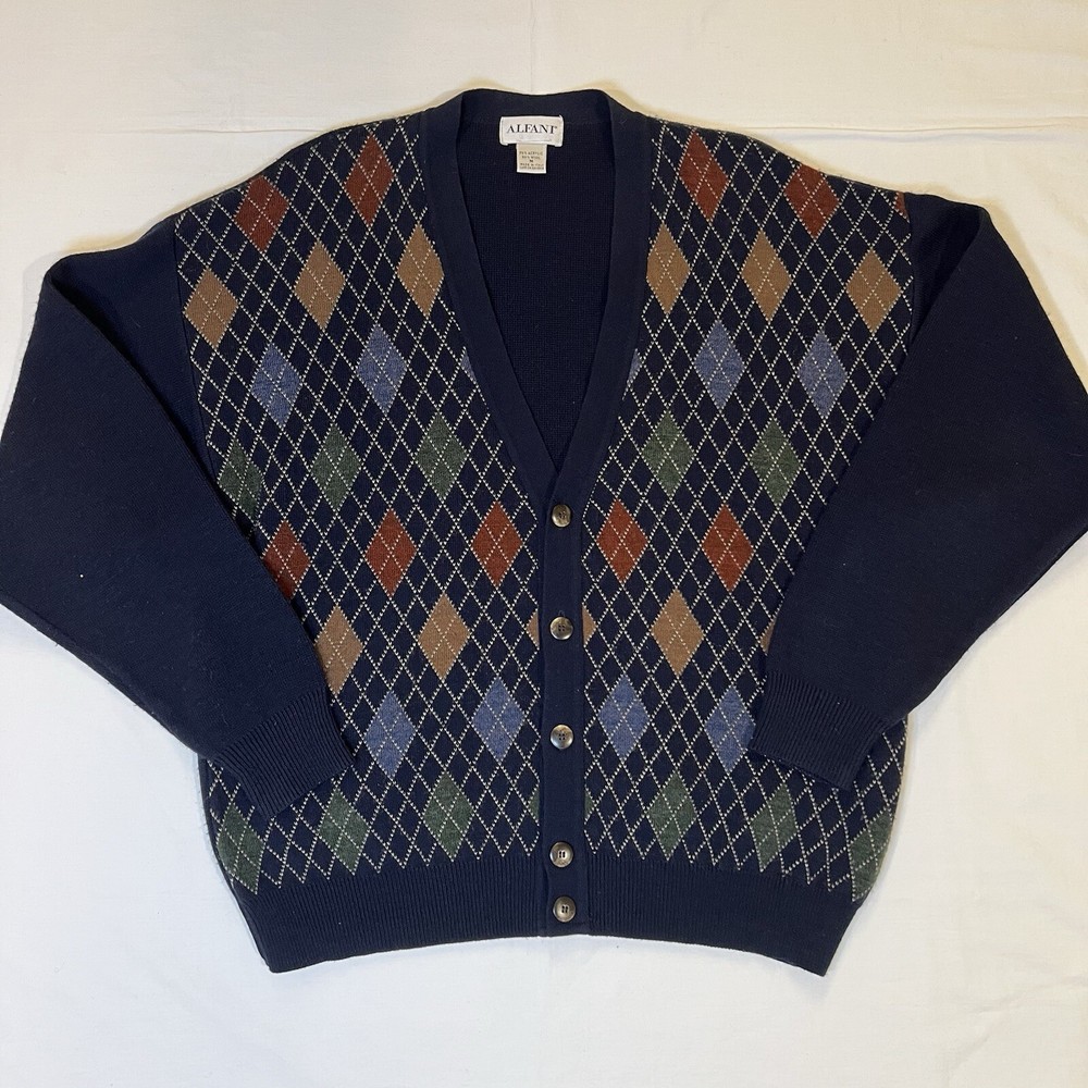 Alfani Mens Cardigan Sweater Mens Medium Wool Blend Button Up Grandpa Diamond