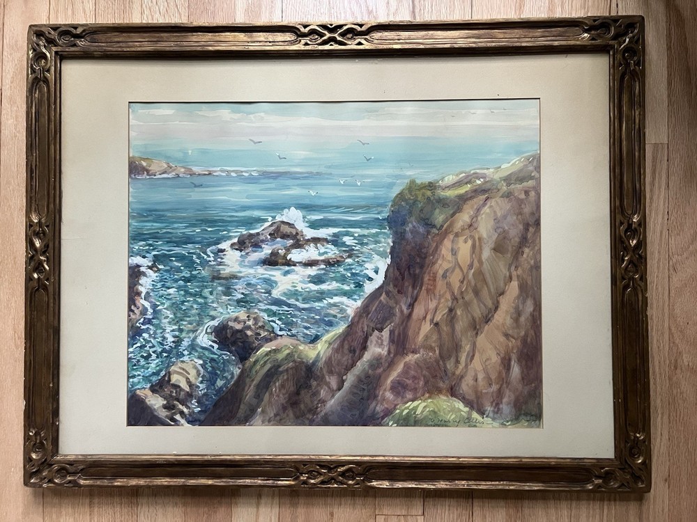 C Harry Allis Signed Watercolor Painting Laguna California Coast Cliffs Surf