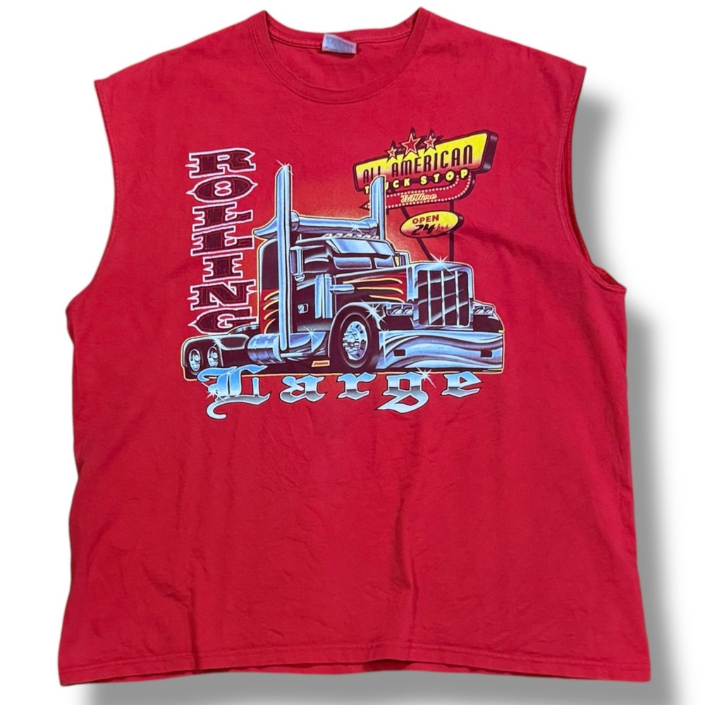 VTG Sleeveless T-Shirt Mens Red Diesel Truck Rolling Large Graphic Tee Sz XXL