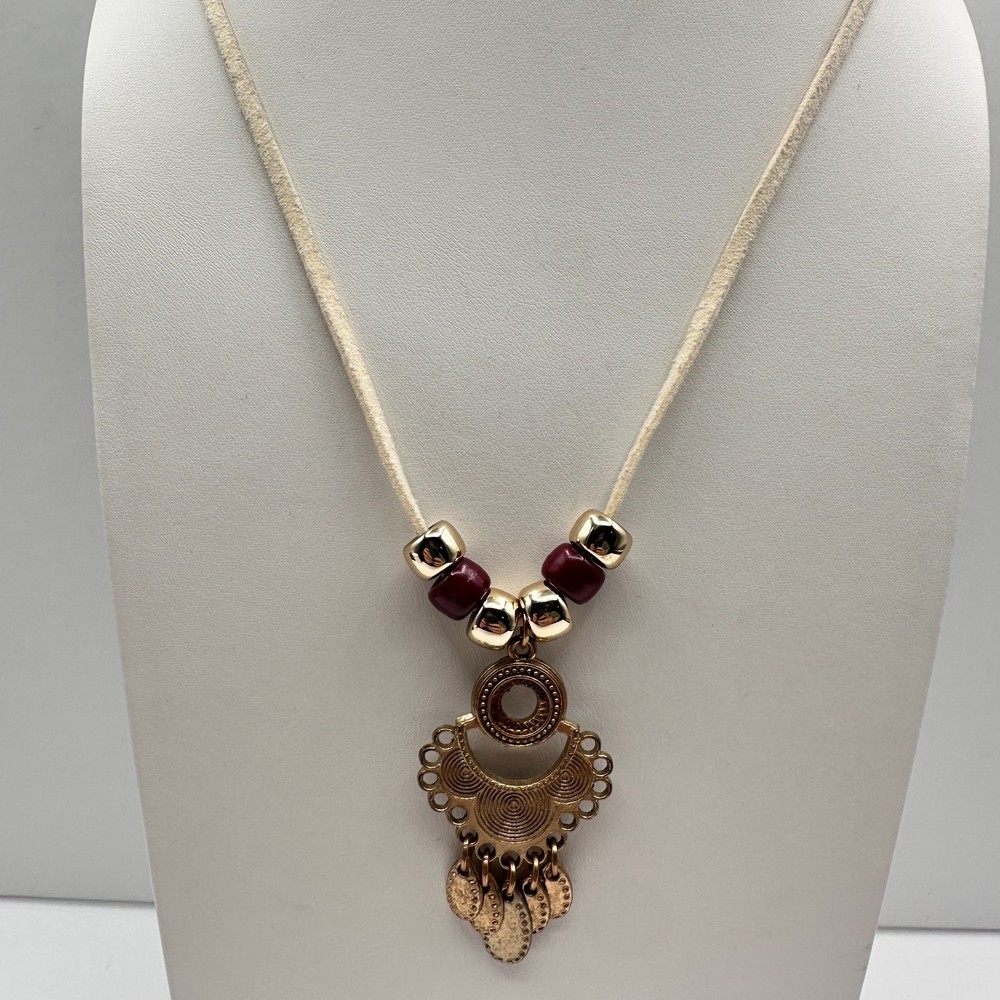 Vintage 90s Boho Statement Necklace Gold Tone Pendant Red Beaded Cream Cord