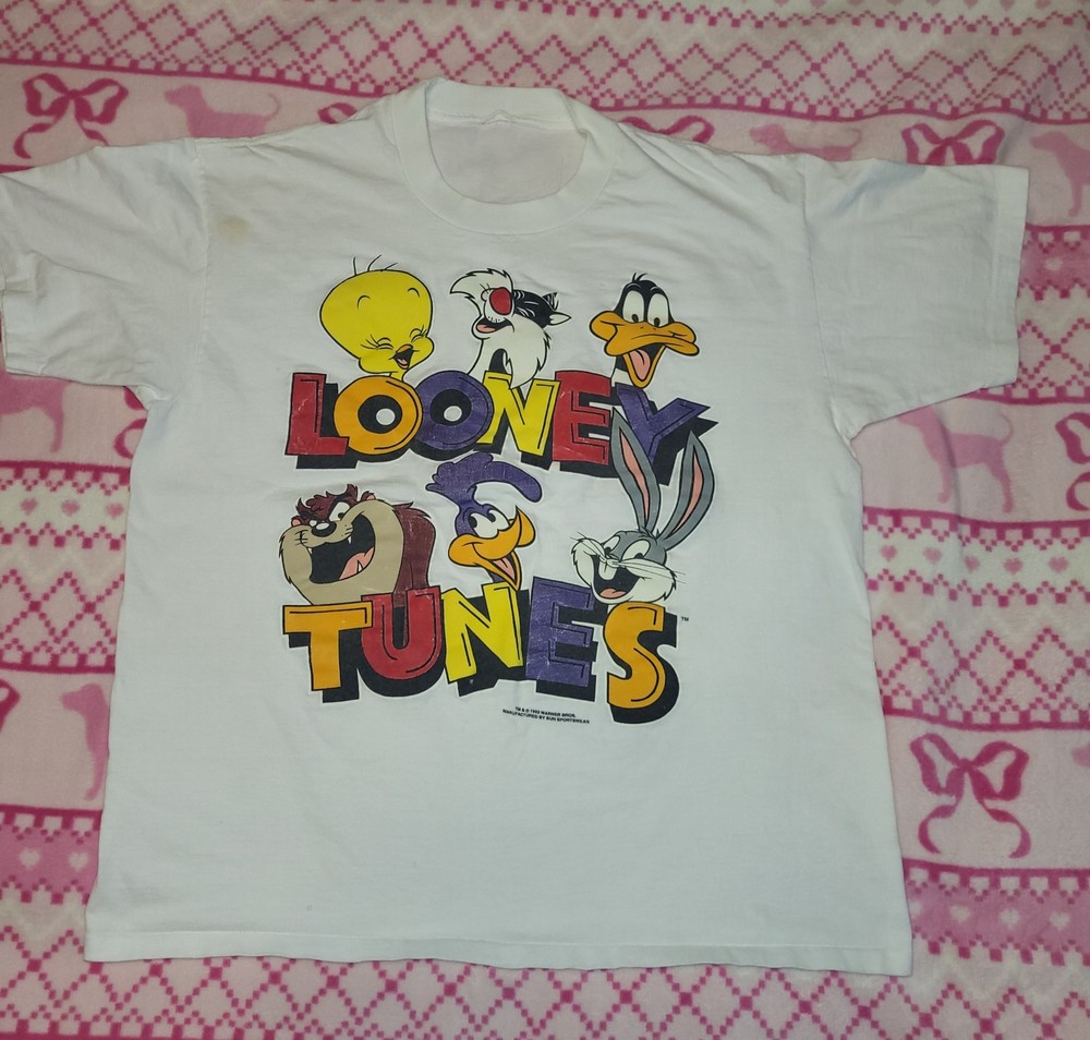Vintage Looney Tunes Shirt  Large Taz Tweety Bugs Daffy Roadrunner  White