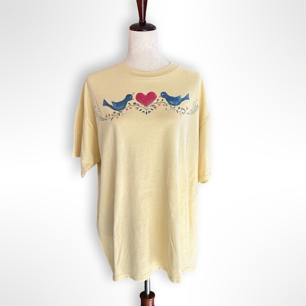 VTG Yellow 90s Bird & Heart Print Tee, Folk Art, Cottagecore Butter Mom, XL
