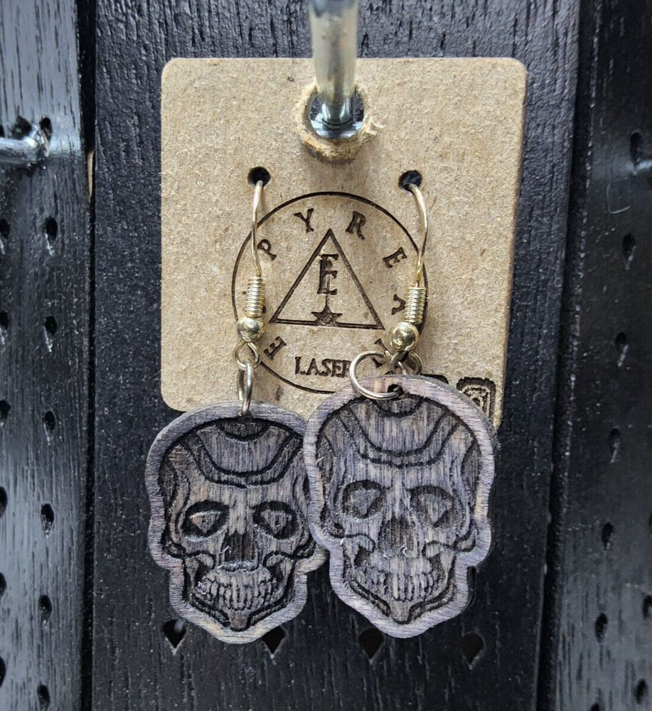 Laser engraved cut grey skull custom art earrings horror fashion goth halloween