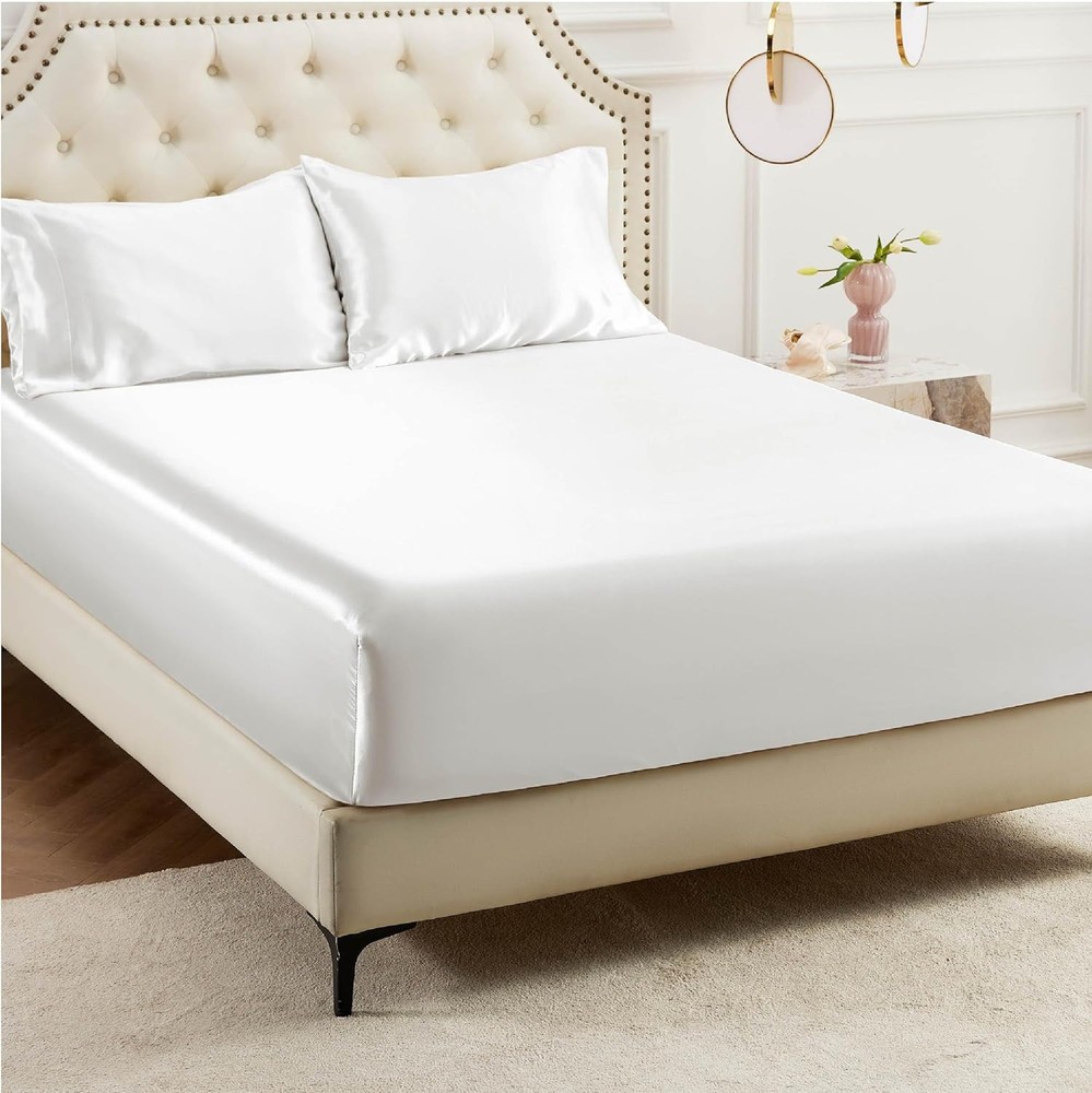 Bedsure Queen Satin Fitted Silk Sheet in Luxury White