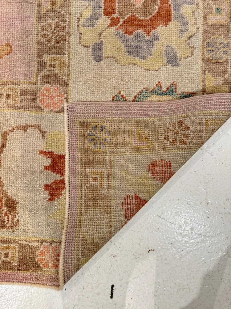 9x12 ft Vintage Pastel Oushak Style Hand Knotted Wool Rug, Soft Pink Multi Color