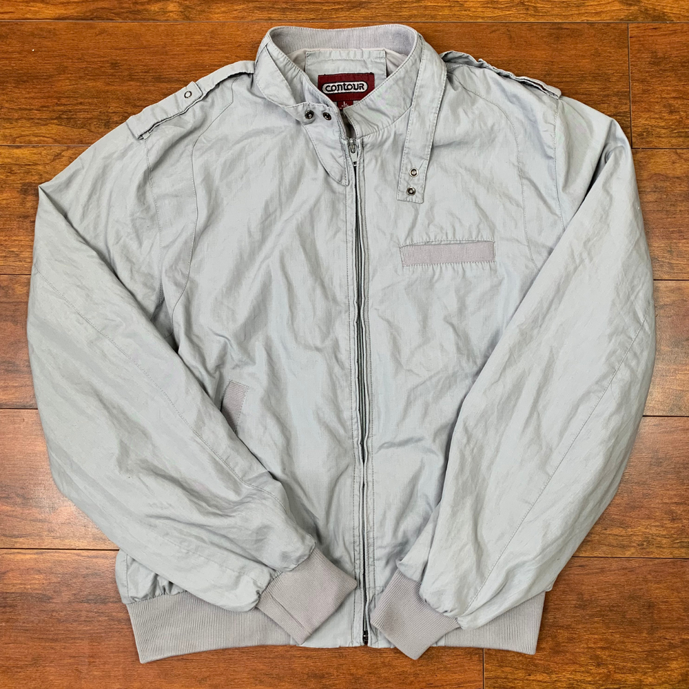 Vintage 80s Contour Bomber Jacket Windbreaker Light Gray Nylon Size L Korea