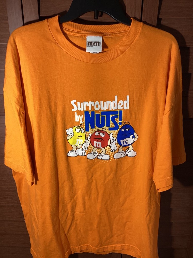 2009 M&Ms Shirt Mens 2XL Orange MARS Candy Funny Surrounded By Nuts Characters