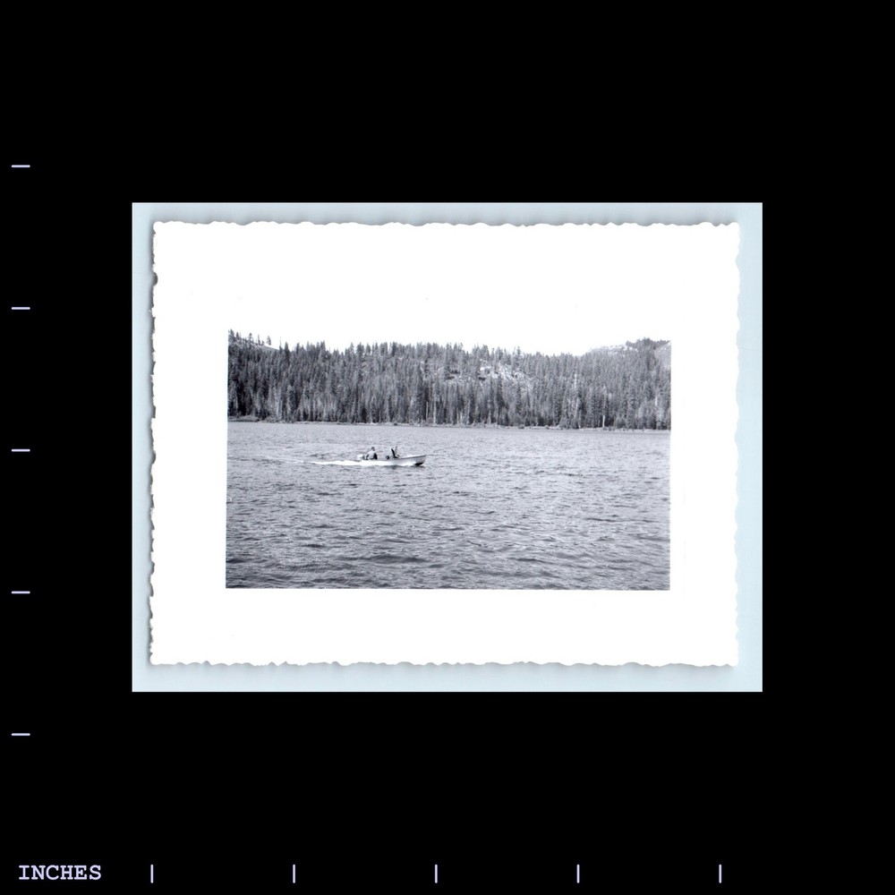 Old Vintage Photo MEN IN MOTOR BOAT ON LAKE LANDSCAPE